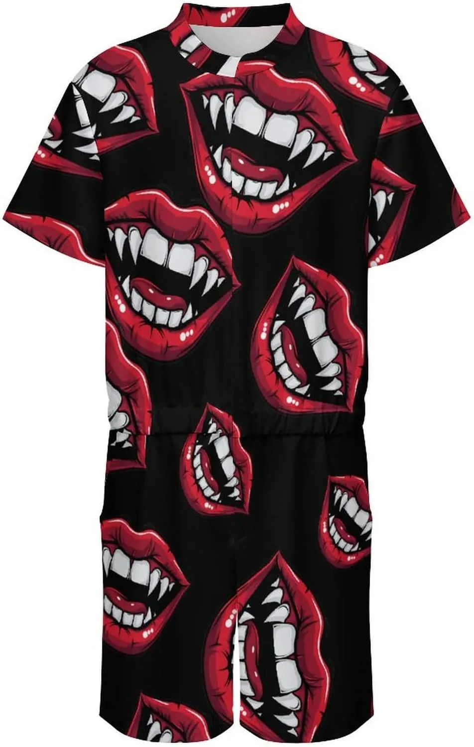Red Clown Vampire Mouth Creepy Lips Mens Short Sleeve Rompers Printed Slim Fit One Piece Jumpsuit with Pocket
