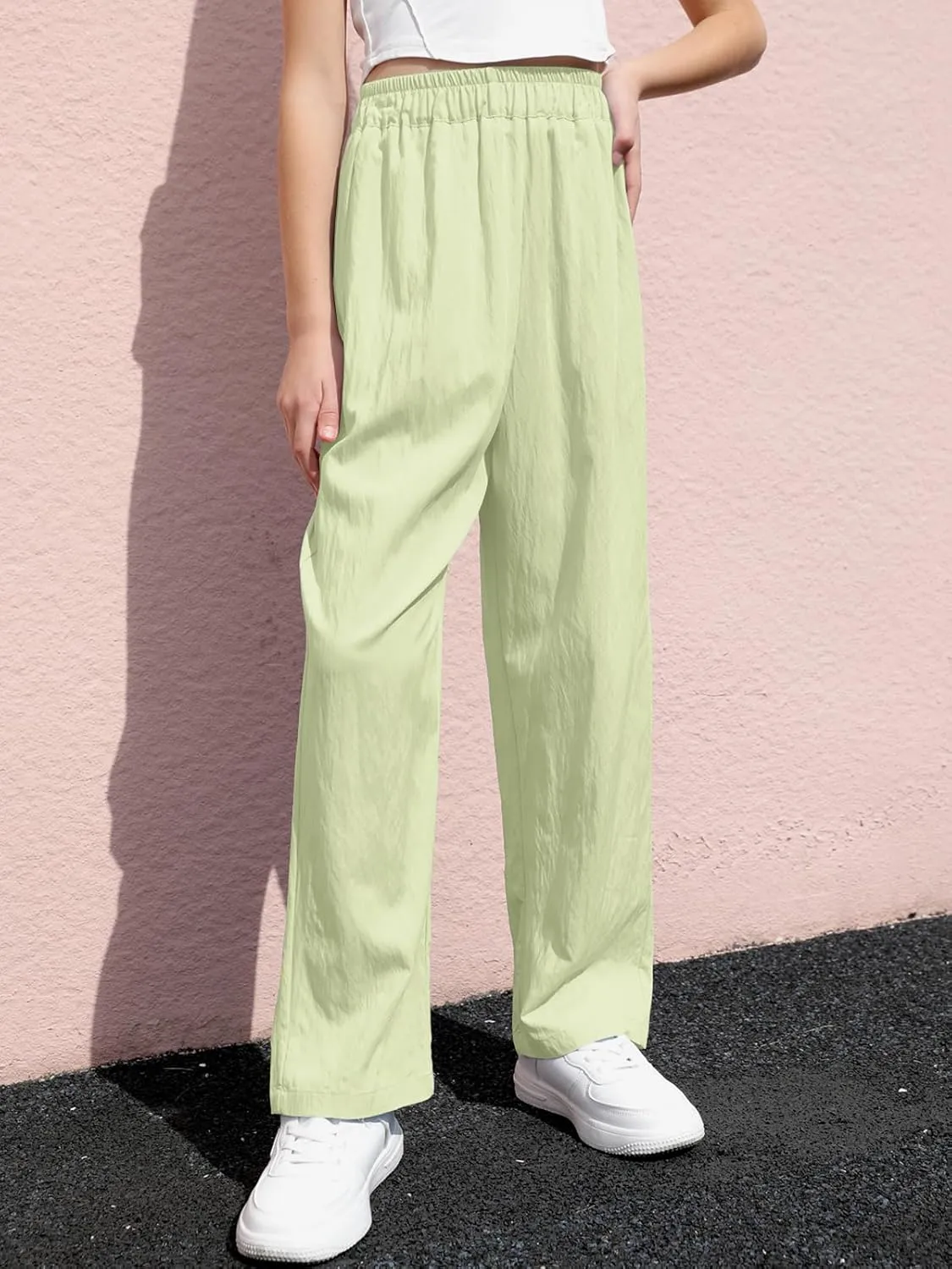 SANGTREE Girls & Woman Wide Leg Pants Lightweight Casual Elastic High Waist Straight Leg Loose Trousers,4 Years - Woman 2XL