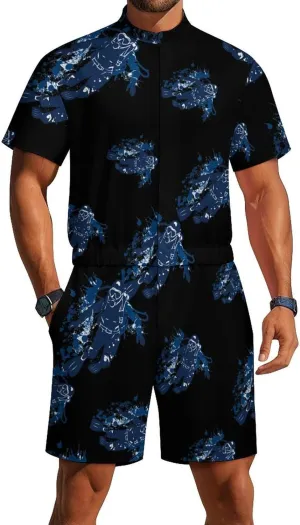 Scuba Diving Under Water Diver Mens Short Sleeve Rompers Printed Slim Fit One Piece Jumpsuit with Pocket