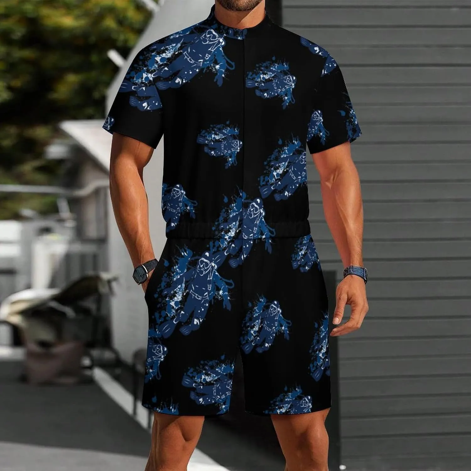 Scuba Diving Under Water Diver Mens Short Sleeve Rompers Printed Slim Fit One Piece Jumpsuit with Pocket