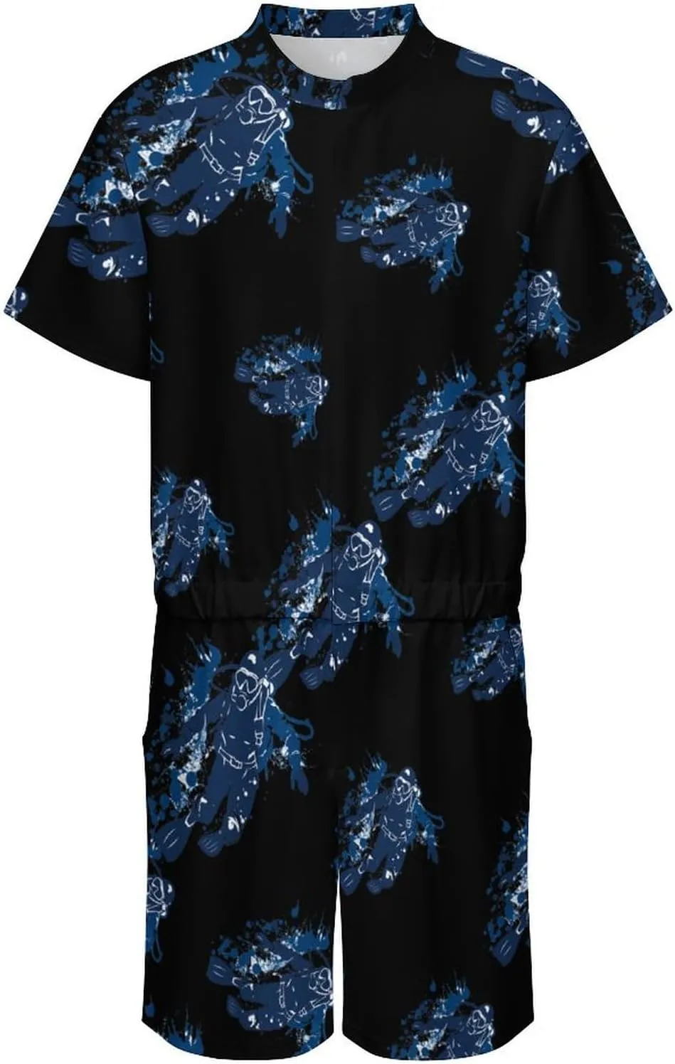 Scuba Diving Under Water Diver Mens Short Sleeve Rompers Printed Slim Fit One Piece Jumpsuit with Pocket