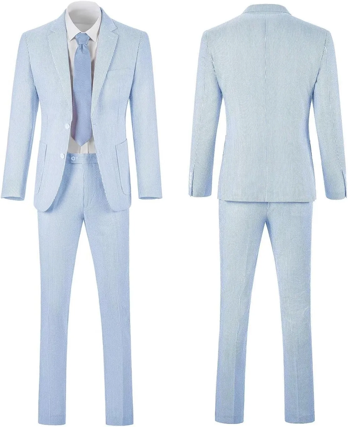 Seersucker Slim Suits for Men Formal Casul Summer Beach Wedding Grooms 2 Piece Blazer Pants Party Striped Suit Sets