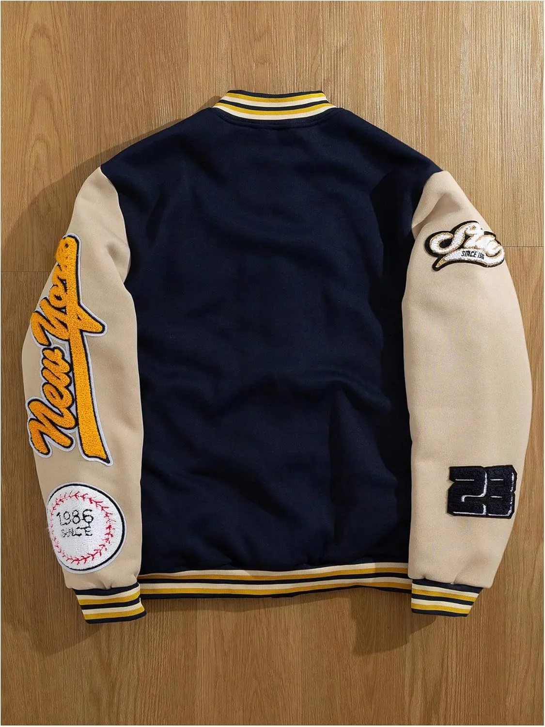 SOLY HUX Men's Letter Graphic Varsity Jacket Long Sleeve Button Up Patched Baseball Jacket Streetwear