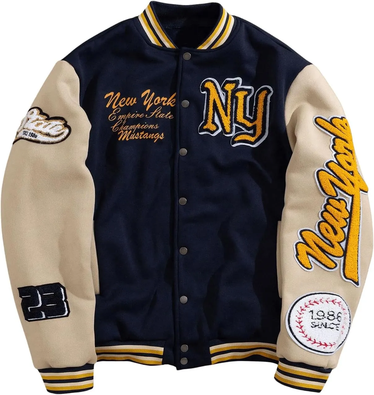 SOLY HUX Men's Letter Graphic Varsity Jacket Long Sleeve Button Up Patched Baseball Jacket Streetwear