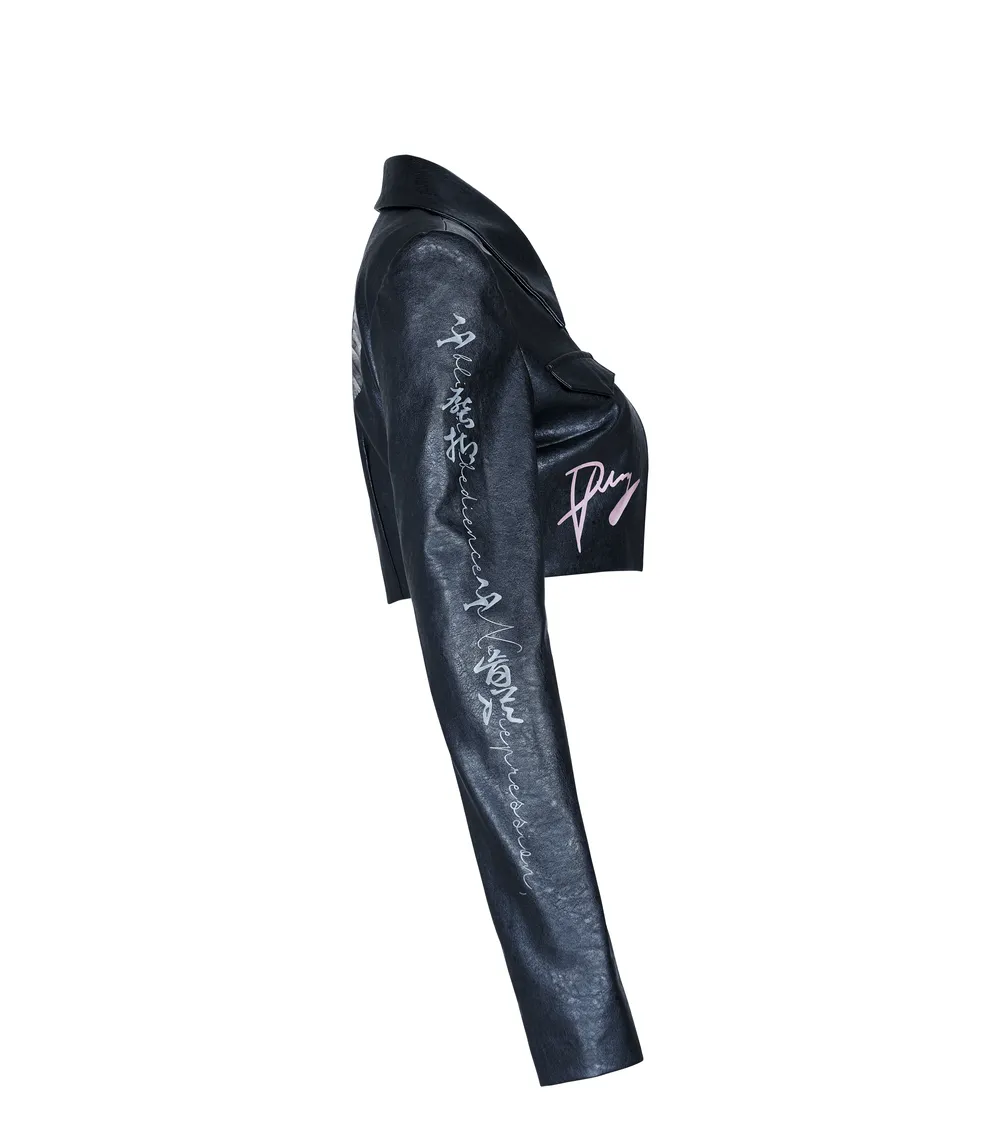 Stylish Punk Cropped Leather Jacket with Prints