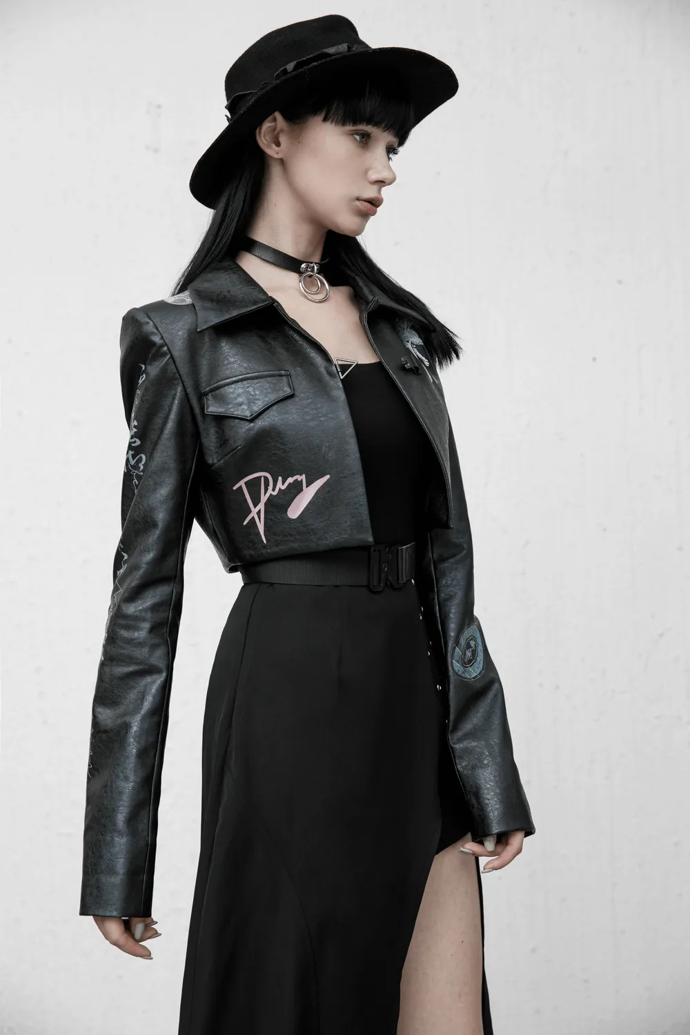 Stylish Punk Cropped Leather Jacket with Prints