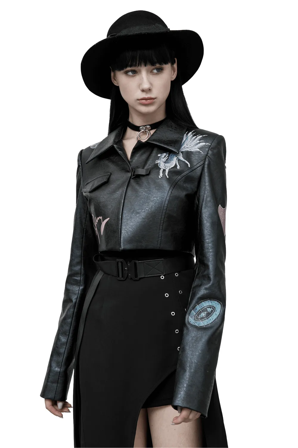 Stylish Punk Cropped Leather Jacket with Prints