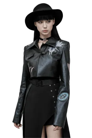 Stylish Punk Cropped Leather Jacket with Prints