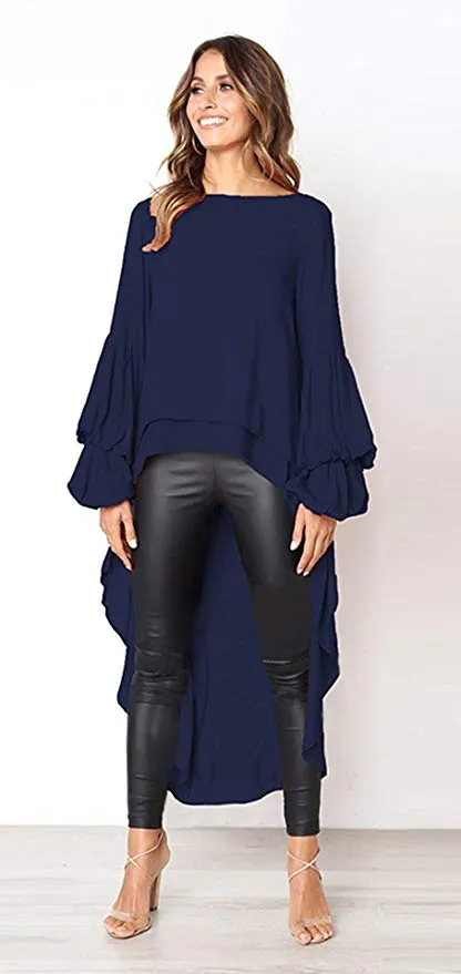 TastyHottie - Women's Lantern Long Sleeve Round Neck High Low Asymmetrical Irregular Hem Casual Tops Blouse Shirt Dress