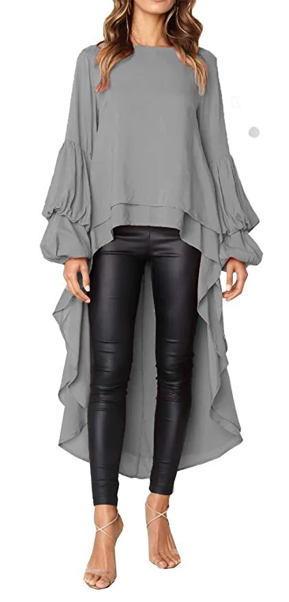 TastyHottie - Women's Lantern Long Sleeve Round Neck High Low Asymmetrical Irregular Hem Casual Tops Blouse Shirt Dress