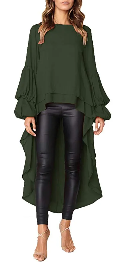 TastyHottie - Women's Lantern Long Sleeve Round Neck High Low Asymmetrical Irregular Hem Casual Tops Blouse Shirt Dress