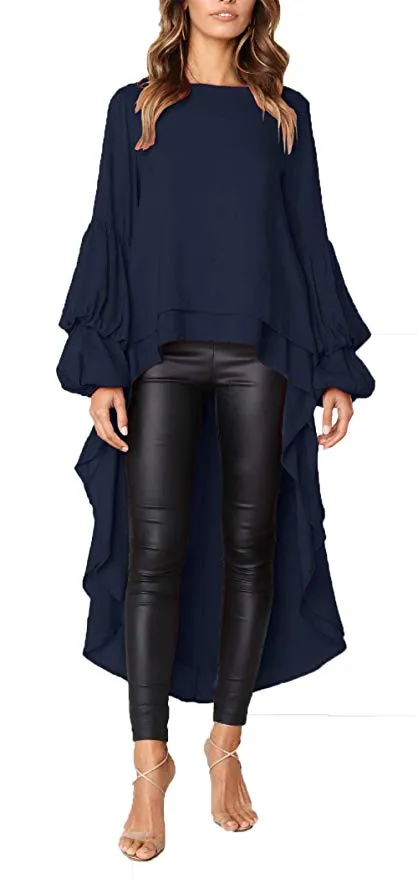 TastyHottie - Women's Lantern Long Sleeve Round Neck High Low Asymmetrical Irregular Hem Casual Tops Blouse Shirt Dress