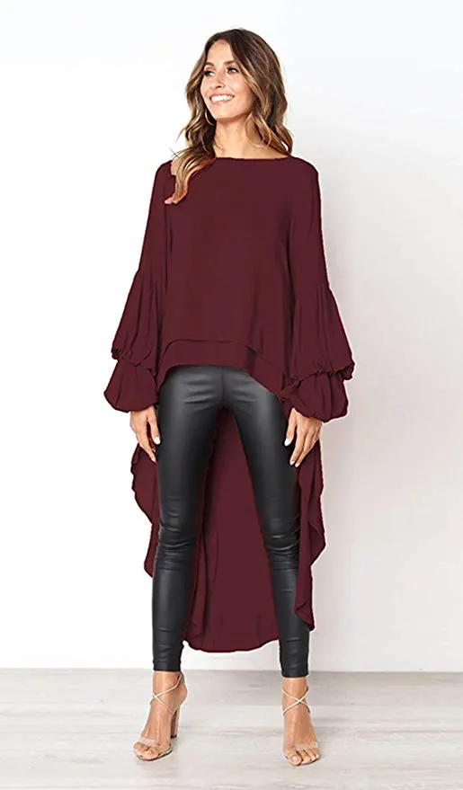 TastyHottie - Women's Lantern Long Sleeve Round Neck High Low Asymmetrical Irregular Hem Casual Tops Blouse Shirt Dress