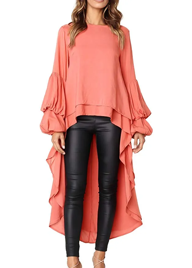 TastyHottie - Women's Lantern Long Sleeve Round Neck High Low Asymmetrical Irregular Hem Casual Tops Blouse Shirt Dress