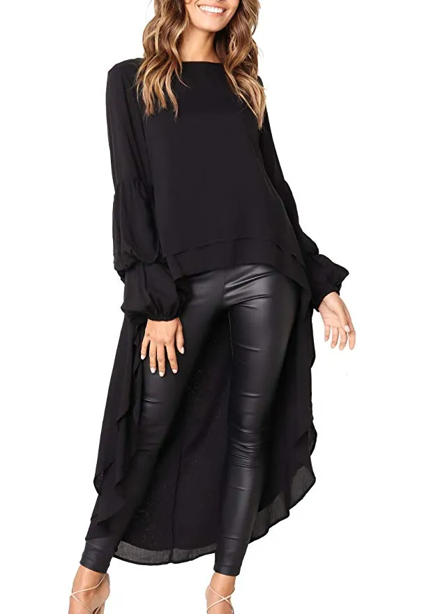 TastyHottie - Women's Lantern Long Sleeve Round Neck High Low Asymmetrical Irregular Hem Casual Tops Blouse Shirt Dress