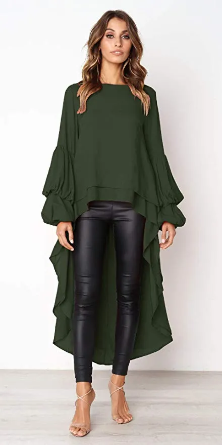 TastyHottie - Women's Lantern Long Sleeve Round Neck High Low Asymmetrical Irregular Hem Casual Tops Blouse Shirt Dress