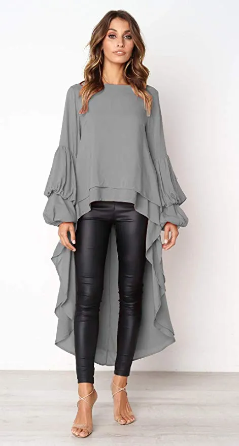 TastyHottie - Women's Lantern Long Sleeve Round Neck High Low Asymmetrical Irregular Hem Casual Tops Blouse Shirt Dress