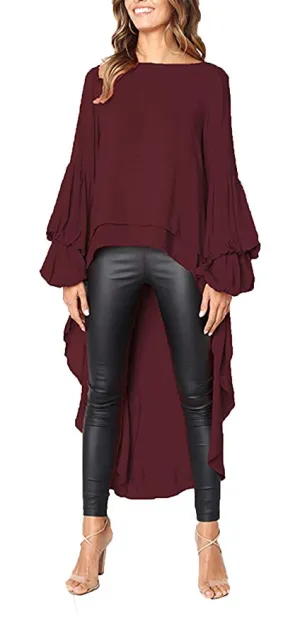 TastyHottie - Women's Lantern Long Sleeve Round Neck High Low Asymmetrical Irregular Hem Casual Tops Blouse Shirt Dress