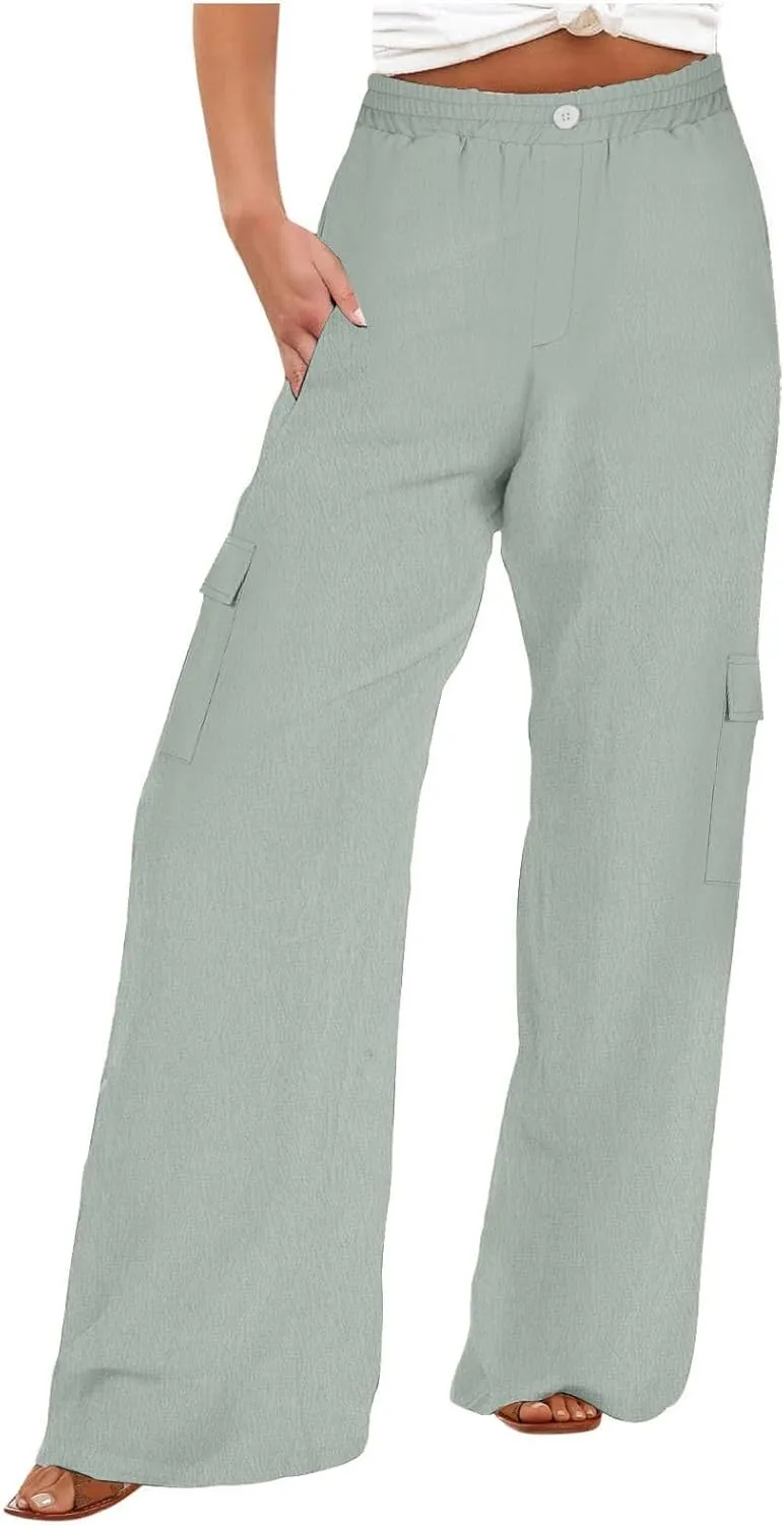 TUNUSKAT Womens Wide Leg Cargo Pants Summer Flowy Beach High Waist Trousers Lounge Loose Boho Vacation Slacks Travel Outfits