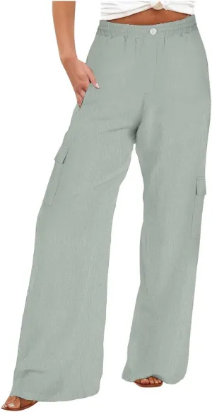TUNUSKAT Womens Wide Leg Cargo Pants Summer Flowy Beach High Waist Trousers Lounge Loose Boho Vacation Slacks Travel Outfits