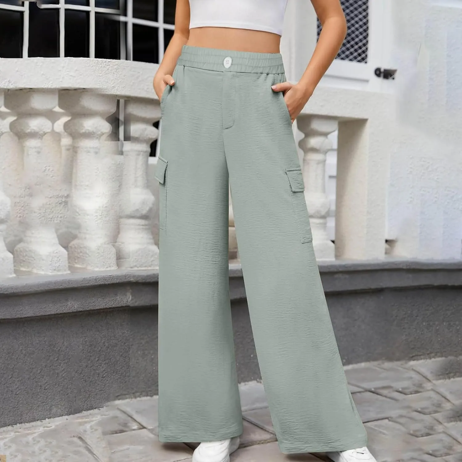 TUNUSKAT Womens Wide Leg Cargo Pants Summer Flowy Beach High Waist Trousers Lounge Loose Boho Vacation Slacks Travel Outfits