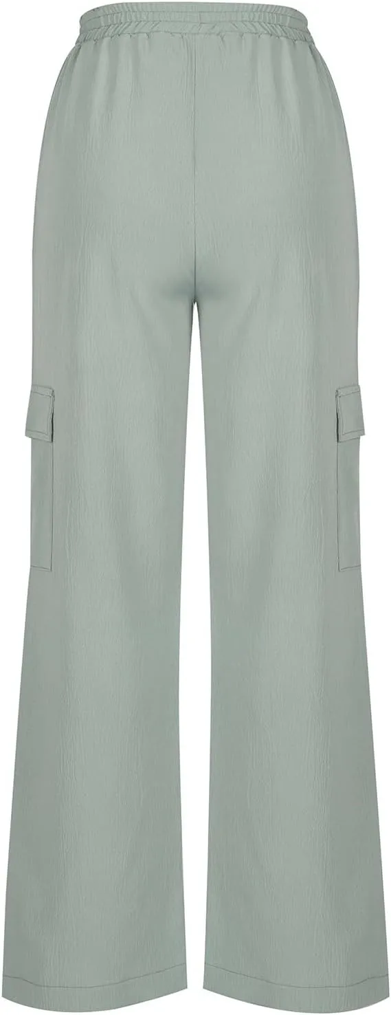 TUNUSKAT Womens Wide Leg Cargo Pants Summer Flowy Beach High Waist Trousers Lounge Loose Boho Vacation Slacks Travel Outfits