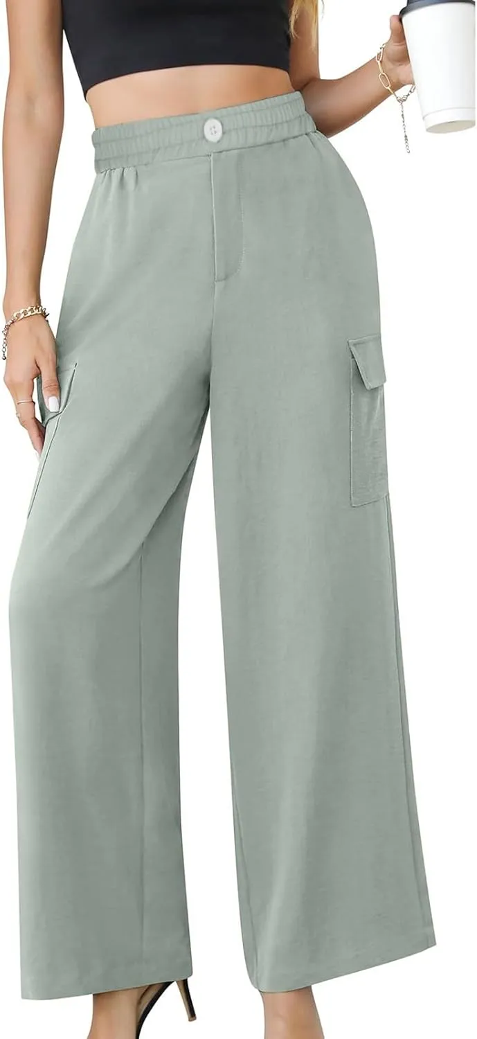 TUNUSKAT Womens Wide Leg Cargo Pants Summer Flowy Beach High Waist Trousers Lounge Loose Boho Vacation Slacks Travel Outfits