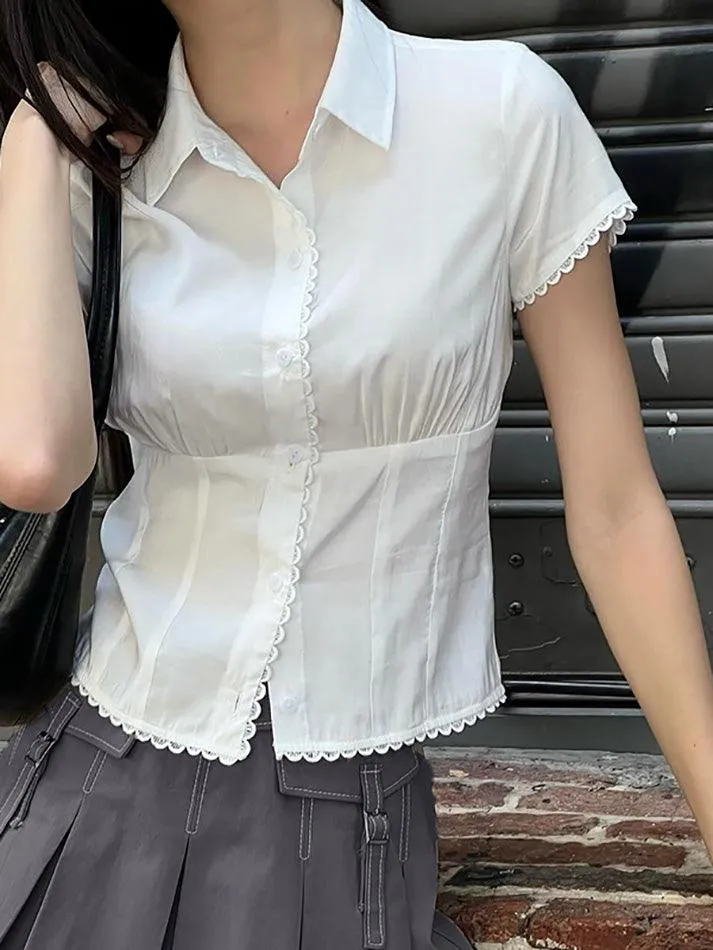 Uniwim ootd Lace Patchwork Pleated Slim Short Sleeves Shirts