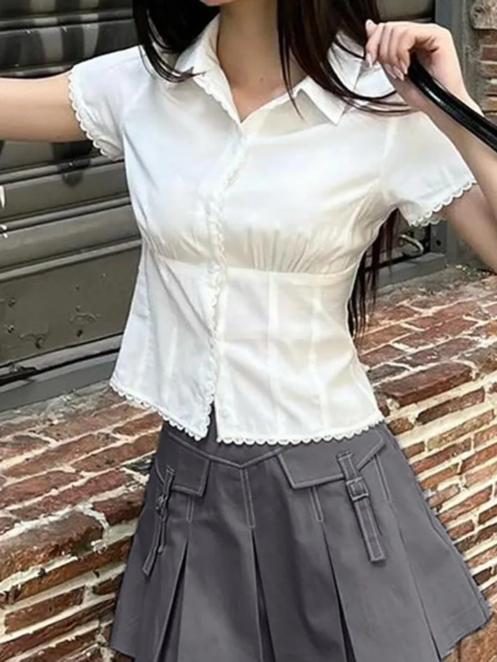 Uniwim ootd Lace Patchwork Pleated Slim Short Sleeves Shirts