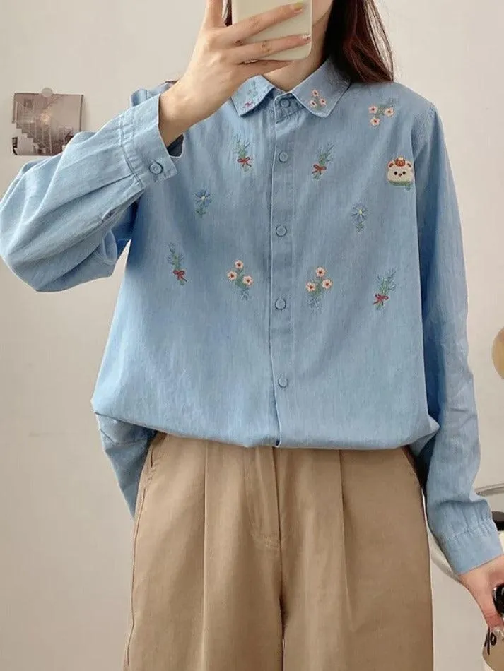 Uniwim ootd Vintage Bear Flower Embroidery Denim Blouses&Shirts