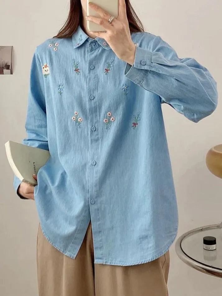 Uniwim ootd Vintage Bear Flower Embroidery Denim Blouses&Shirts