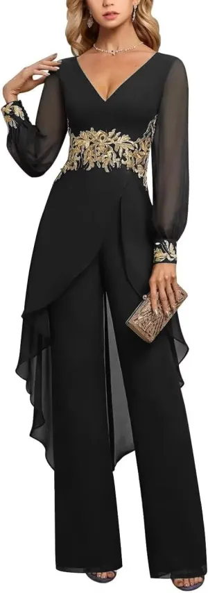 V-Neck Mother of The Bride Pant Suits for Women Asymmetrical High Low Grandmother of The Groom Jumpsuit