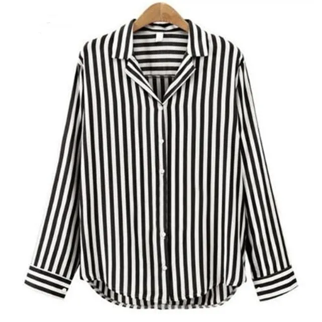 VenusFox Spring Autumn Stripped V-Neck blouse Long Sleeve Work Shirts office Tops