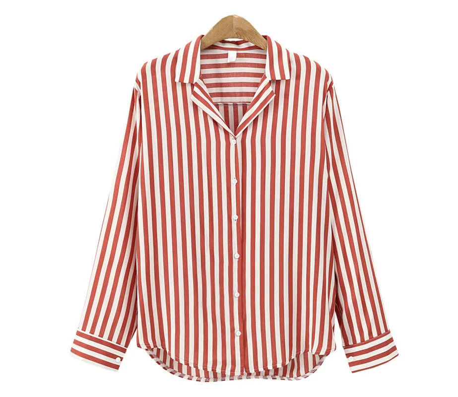 VenusFox Spring Autumn Stripped V-Neck blouse Long Sleeve Work Shirts office Tops