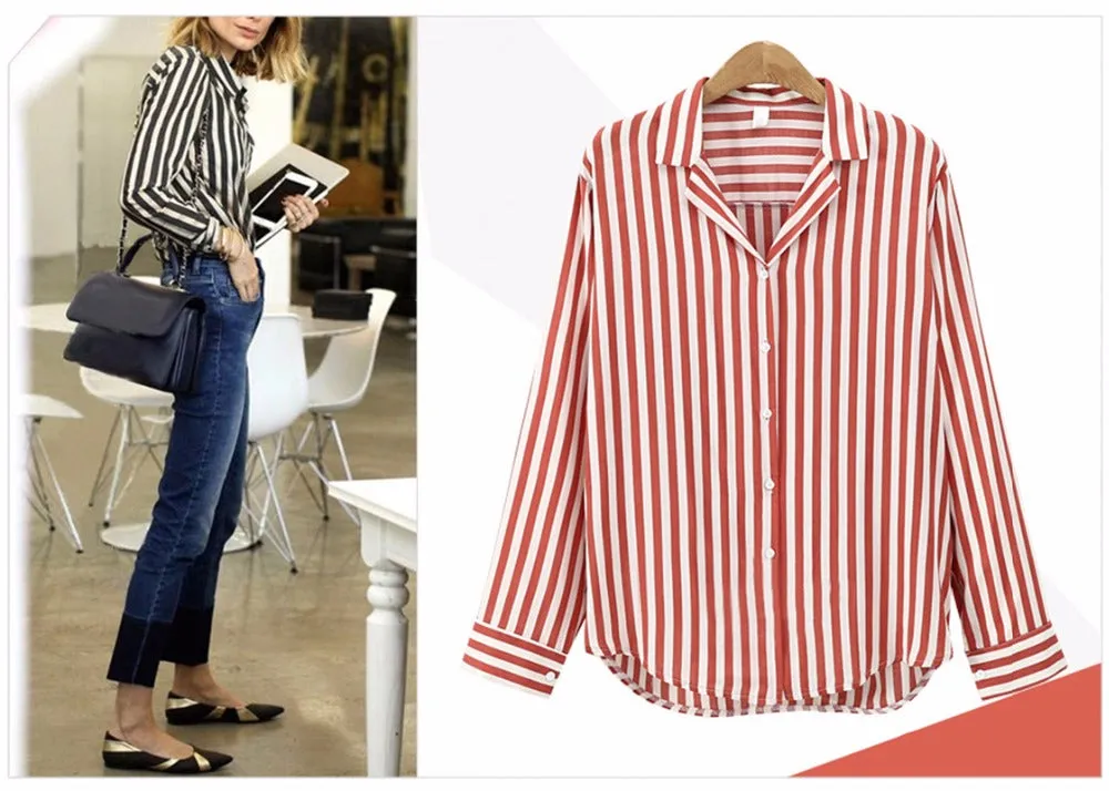 VenusFox Spring Autumn Stripped V-Neck blouse Long Sleeve Work Shirts office Tops