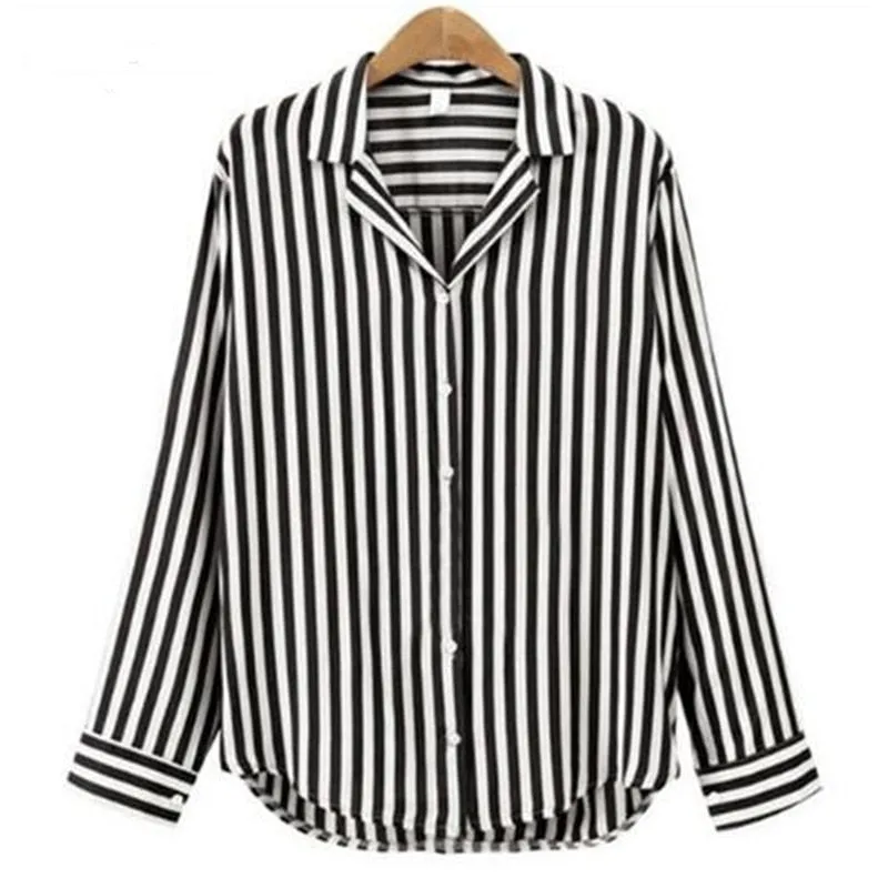 VenusFox Spring Autumn Stripped V-Neck blouse Long Sleeve Work Shirts office Tops