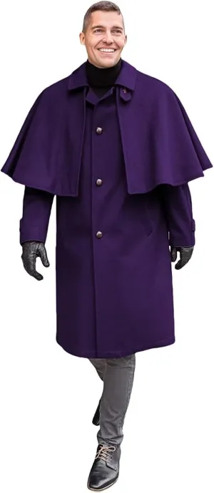 Victorian Men's Cashmere Long Overcoat with Cape Notch Lapel Trench Coat Regular Fit Cloak Pea Jacket in Winter