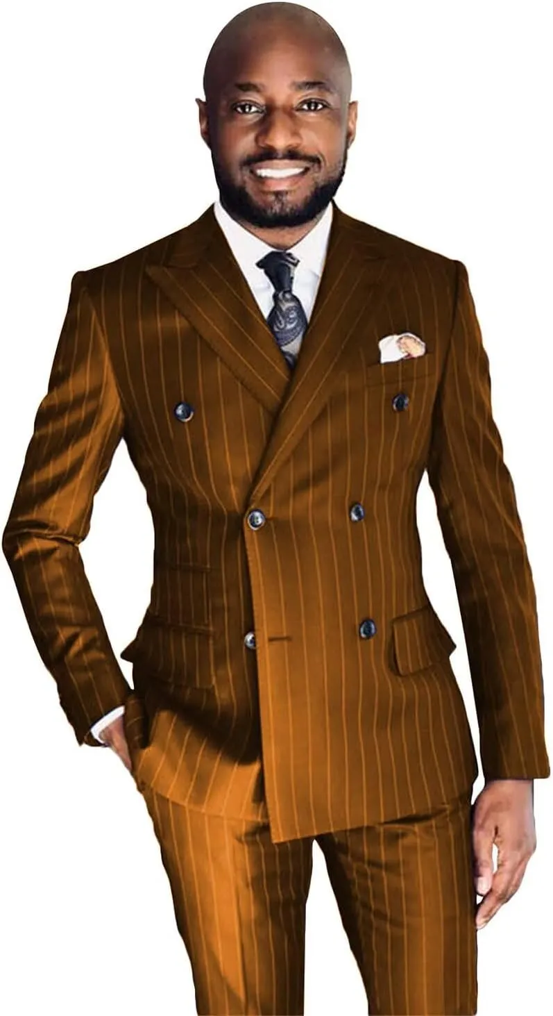 Wangyue Men's Double Breasted Pinstripe Suit 2-Piece Set Business Casual Wedding Party Suit