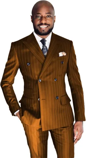 Wangyue Men's Double Breasted Pinstripe Suit 2-Piece Set Business Casual Wedding Party Suit