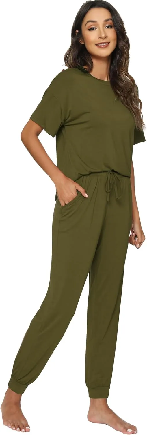 WiWi Viscose from Bamboo Pajamas Set for Women Short Sleeve Loungewear 2 Piece Outfit Long Pants Jogger Sets Pjs S-XXL
