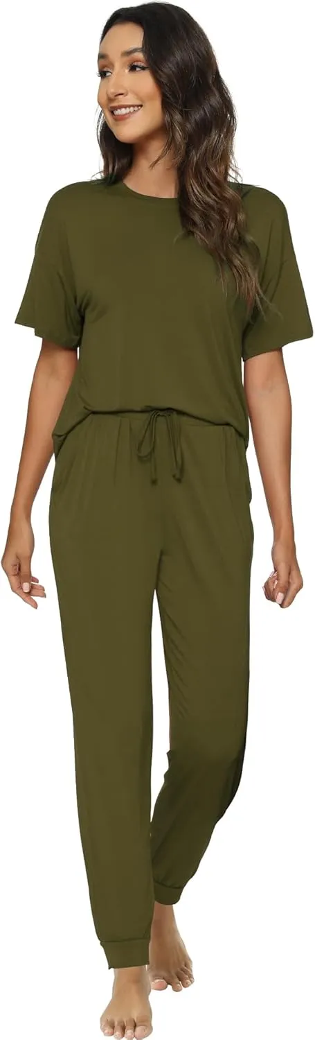 WiWi Viscose from Bamboo Pajamas Set for Women Short Sleeve Loungewear 2 Piece Outfit Long Pants Jogger Sets Pjs S-XXL