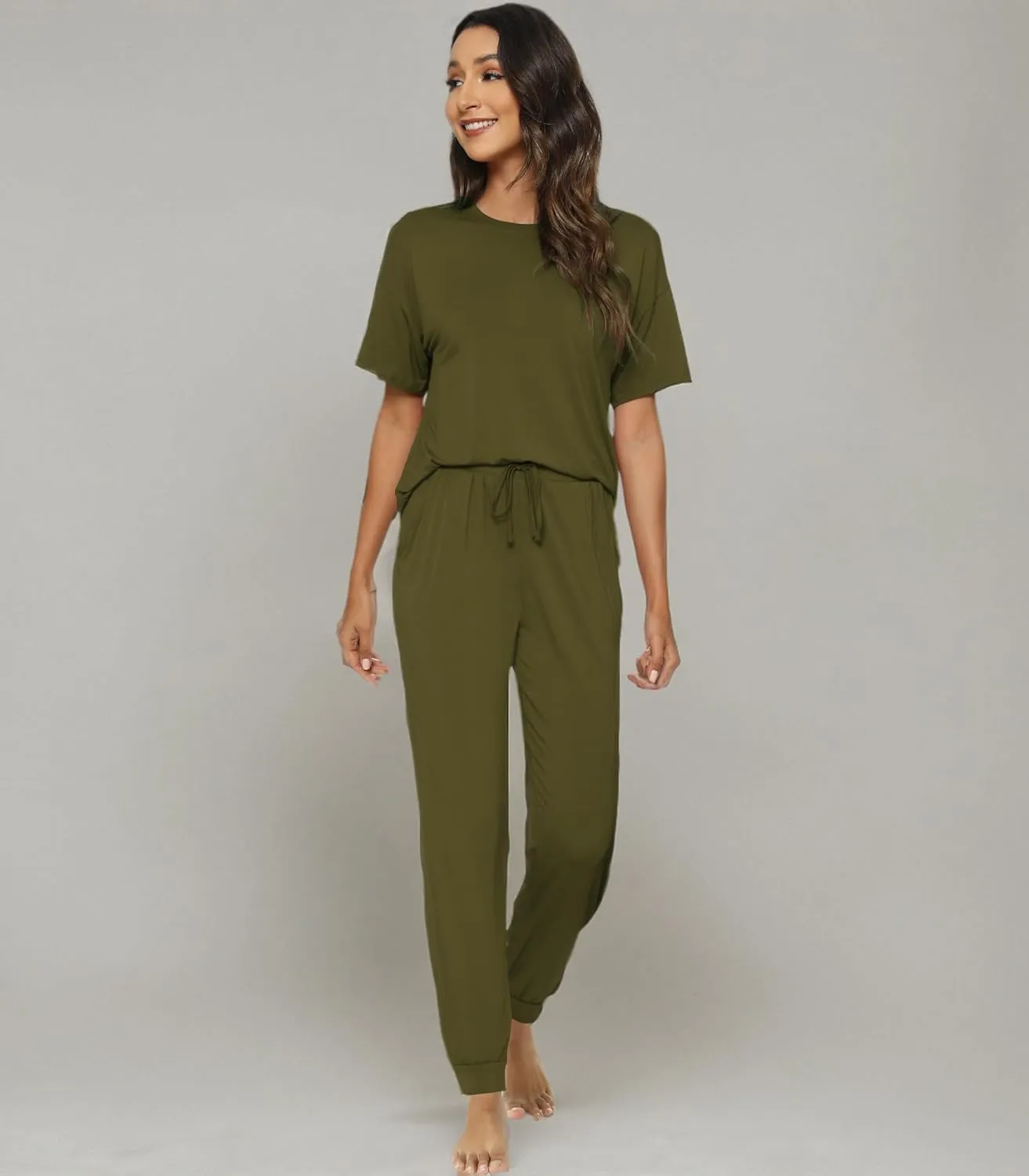 WiWi Viscose from Bamboo Pajamas Set for Women Short Sleeve Loungewear 2 Piece Outfit Long Pants Jogger Sets Pjs S-XXL