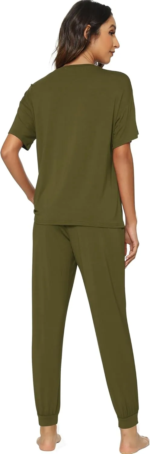 WiWi Viscose from Bamboo Pajamas Set for Women Short Sleeve Loungewear 2 Piece Outfit Long Pants Jogger Sets Pjs S-XXL