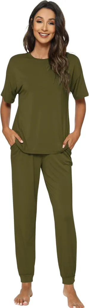 WiWi Viscose from Bamboo Pajamas Set for Women Short Sleeve Loungewear 2 Piece Outfit Long Pants Jogger Sets Pjs S-XXL