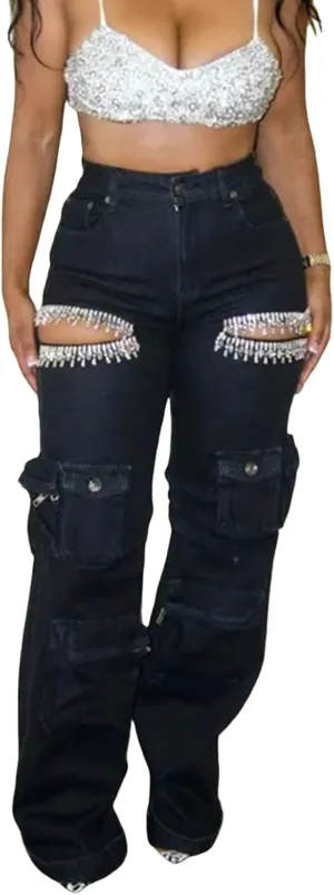 Women Rhinestone Jeans Sexy Sparkly High Waisted Baggy Cut Out Ripped Distressed Stretchy Denim Pants Trend Cargo Jean