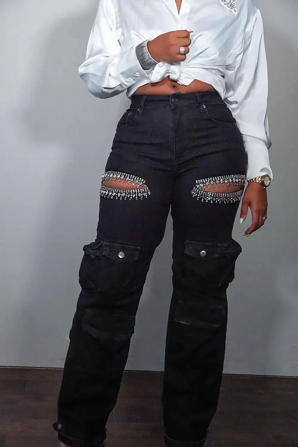 Women Rhinestone Jeans Sexy Sparkly High Waisted Baggy Cut Out Ripped Distressed Stretchy Denim Pants Trend Cargo Jean