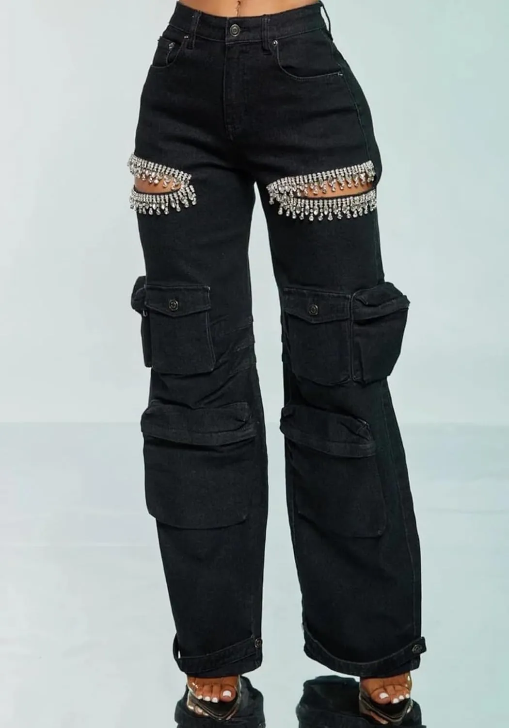 Women Rhinestone Jeans Sexy Sparkly High Waisted Baggy Cut Out Ripped Distressed Stretchy Denim Pants Trend Cargo Jean