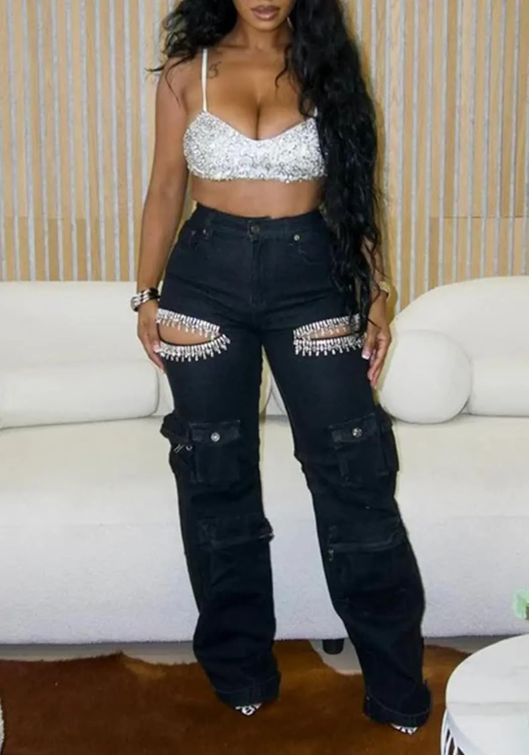 Women Rhinestone Jeans Sexy Sparkly High Waisted Baggy Cut Out Ripped Distressed Stretchy Denim Pants Trend Cargo Jean