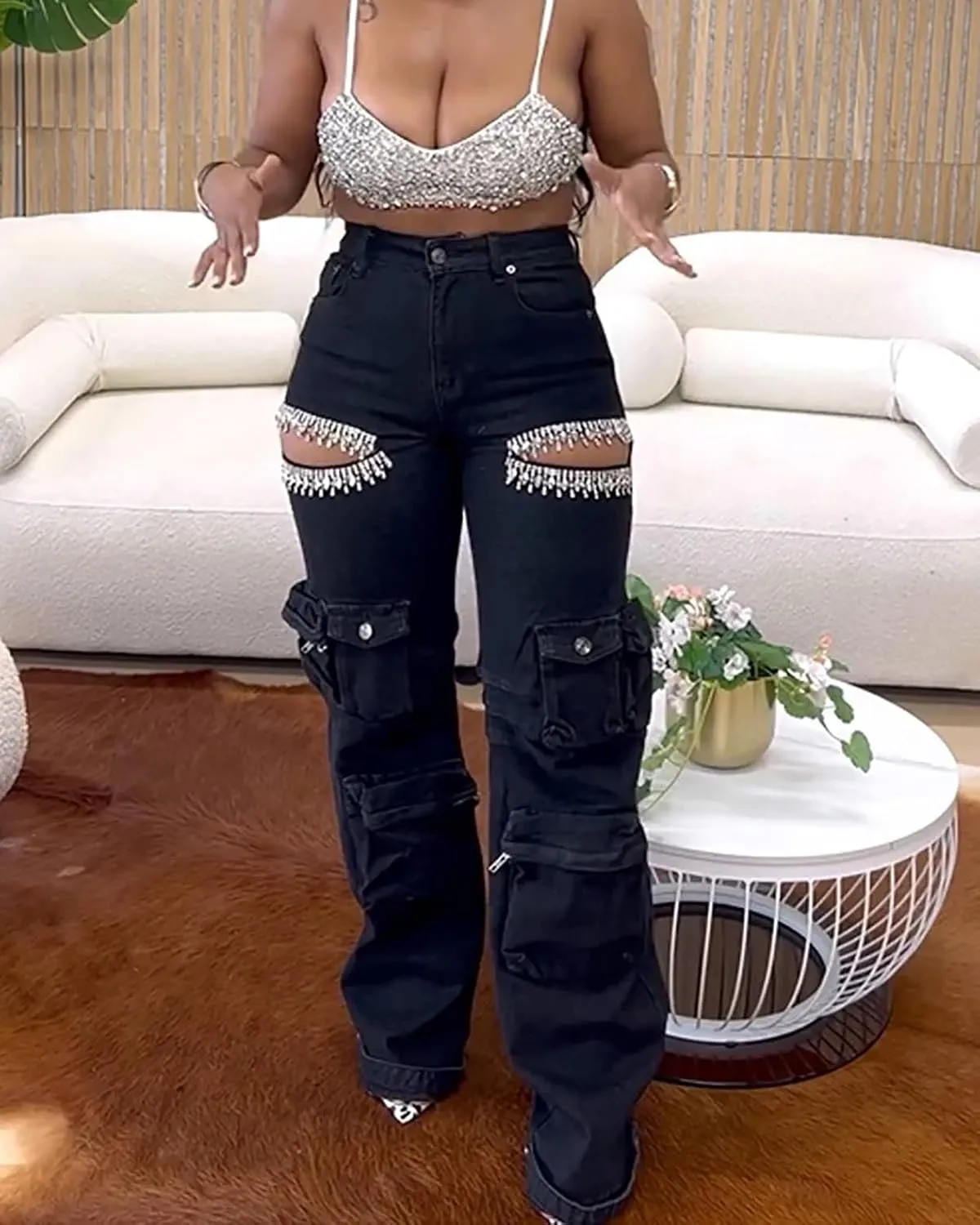 Women Rhinestone Jeans Sexy Sparkly High Waisted Baggy Cut Out Ripped Distressed Stretchy Denim Pants Trend Cargo Jean