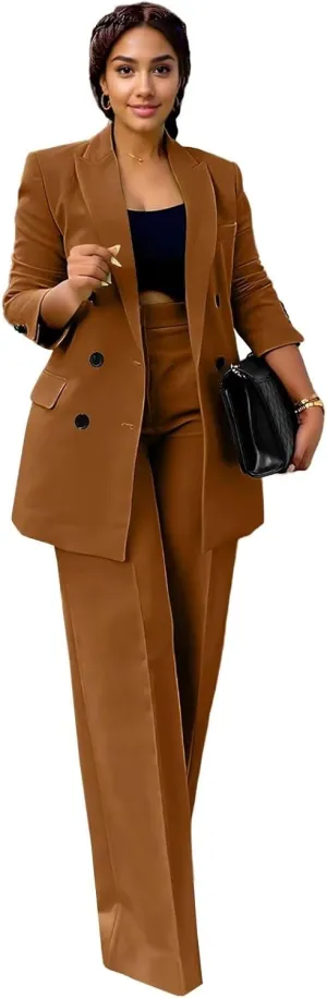 Women's 2 Piece Outfits Blazer Jacket and Wide Leg Pants Double Breasted Formal Suits for Women Casual Suit Sets